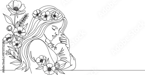A mother gently holding her baby surrounded by flowers in a serene illustration