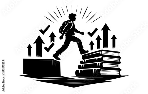 Silhouette of student climbing books to success with arrows and checkmarks