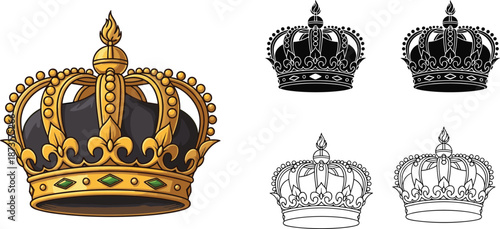 Set of royal gold crown icons with jewels including black silhouette and linear outline versions for heraldry luxury brand and royalty design