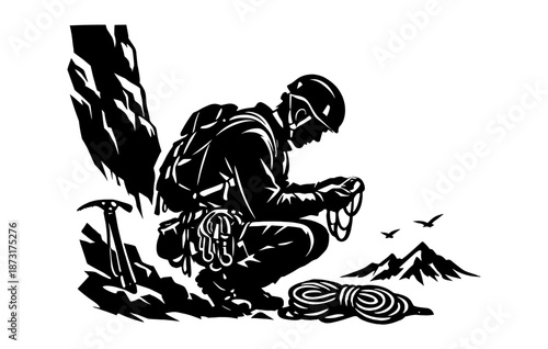 Silhouette of male mountain climber preparing gear in nature scene