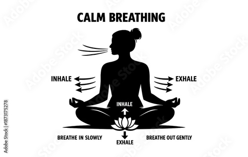Calm breathing guide: silhouette of female practicing meditation