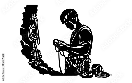 Silhouette of male climber preparing for rock climbing adventure