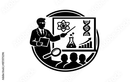 Science presentation with male lecturer explaining chemistry and biology concepts