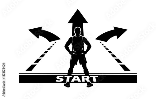 Silhouette of a determined runner at starting line with three path choices