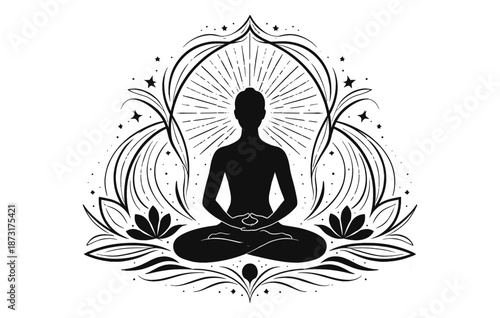 Silhouette of person meditating in mandala design with radiating energy and stars