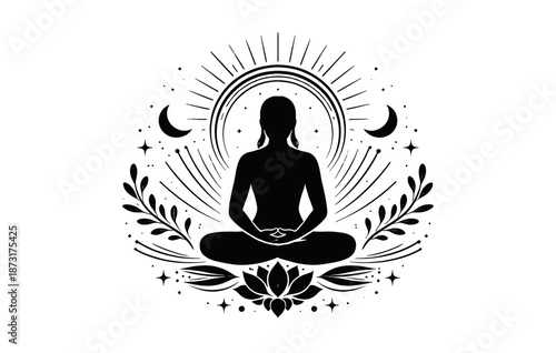 Meditative silhouette: spiritual female in lotus pose with celestial symbols