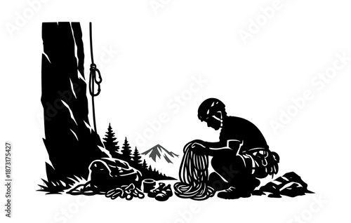 Silhouette of male rock climber preparing gear in mountain landscape