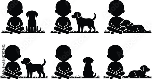 Vector silhouette collection of a small child sitting with a puppy dog on grass, friendship concept isolated on white background.