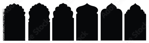 Shape Islamic door and window silhouette Arabic arch. Collection of patterns in oriental style. Frames in Arabic Muslim design for Ramadan Kareem. Vector.