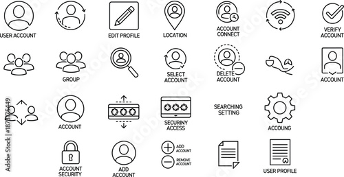 Set of User Account and Profile Management Icons Featuring Security Settings Login Access Location Verification Group Interaction and Digital Identity Symbols