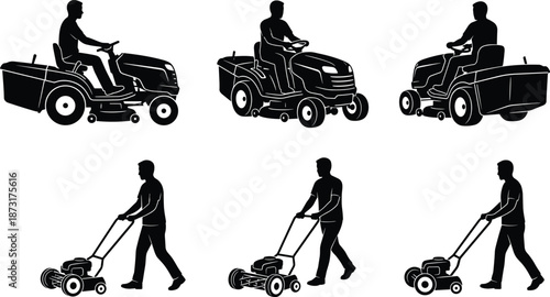 Lawn mower operator silhouettes, riding and push mower vector, black garden maintenance icons, landscaping equipment, outdoor work illustration set