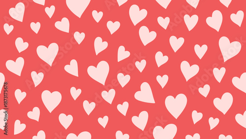Abstract seamless pattern with pink hearts on red background.