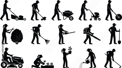 Gardening worker silhouette icons, landscaping activity vector, outdoor maintenance tools, black illustration set, garden chores, horticulture tasks, lawn care art