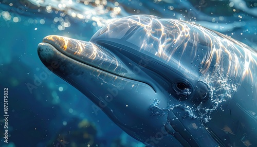 Ultra-realistic close-up of a dolphin underwater with cinematic light caustics and detailed skin texture.