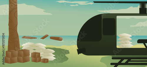 Military helicopter delivering aid supplies on a tropical beach. Flat illustration of a transport helicopter and supply boxes