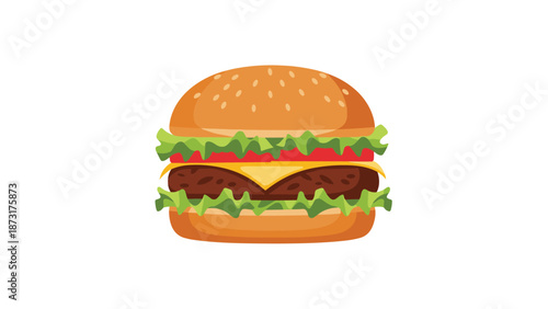 Detailed vector illustration of a delicious hamburger with lettuce, tomato, cheese, and a beef patty on a sesame seed bun.