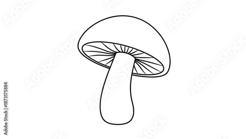 Minimalist black and white outline of a single mushroom with a large cap and gills visible underneath on a plain background.