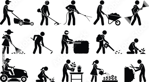 Gardening activity silhouette icons, landscaping worker vector, outdoor maintenance tools, black illustration set, garden chores, lawn care equipment art