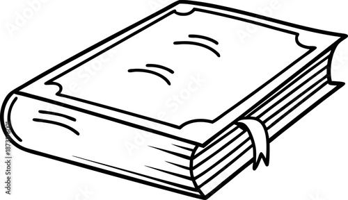 Closed book with bookmark, simple black and white line drawing of a classic hardcover volume