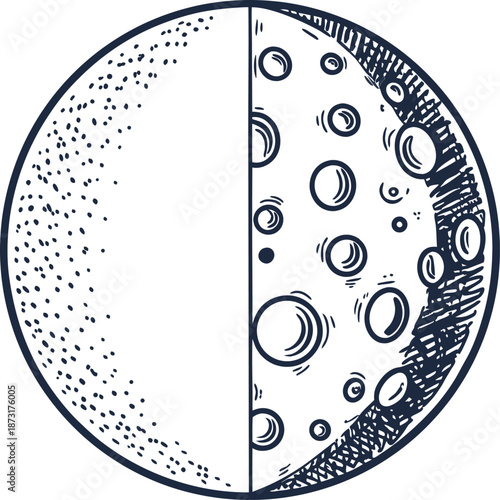 Moon phase illustration with half shadow and detailed crater texture in black and white