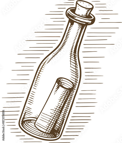 Message in a bottle with rolled paper inside, vintage nautical concept, rescue and hope symbol