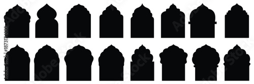 Collection of oriental style islamic vector shapes of a window or door arch mosque gate islamic arabesque pattern arab frame set on transparent background ramadan kareem silhouette icon set.