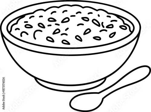 Bowl of oatmeal porridge with spoon, simple healthy breakfast food illustration