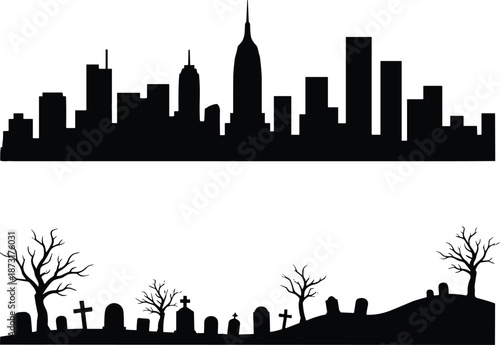 City skyline silhouette, graveyard scene vector, urban and cemetery contrast, black illustration, spooky trees, tombstones, New York buildings, eerie art