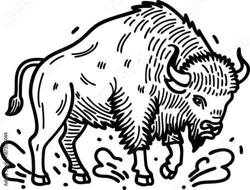 bison charging forward with strength and energy in stylized black line art