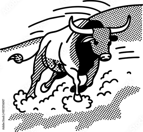 charging bull illustration running fast with dust clouds and motion lines