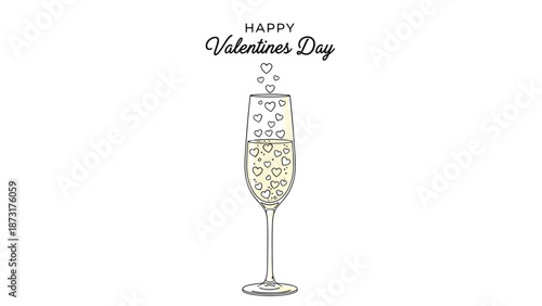 Festive celebration glass of champagne filled with small heart shaped bubbles for a happy valentines day greeting card.