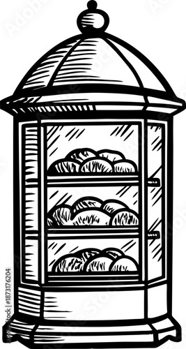 Vintage bakery display case with shelves full of bread rolls and pastries