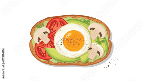 Healthy avocado toast on a slice of whole grain bread topped with a fried egg, sliced tomatoes, and saut�ed mushrooms.