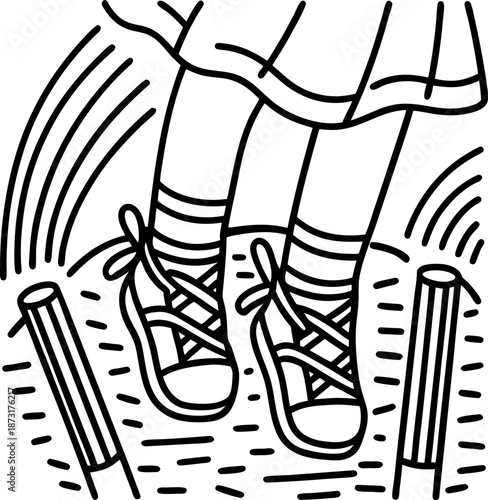 Child jumping rope outdoors with motion lines, playful kid skipping fun activity