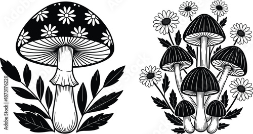 Decorative mushrooms with daisy flowers black engraved vector set isolated on white background botanical forest illustration collection design