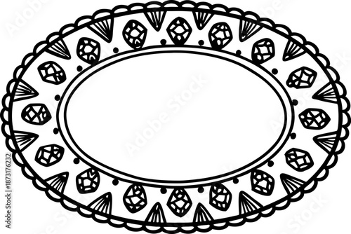Decorative oval frame with gemstone and teardrop patterns in black and white line art design