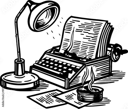 Vintage typewriter with stacked paper, desk lamp, and steaming cup on workspace