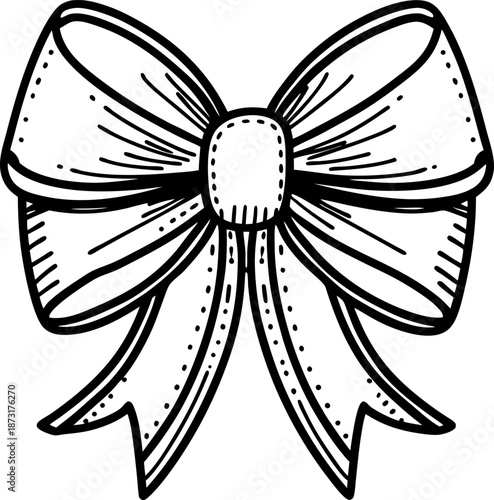 Decorative ribbon bow with detailed stitching and folds in black and white line art