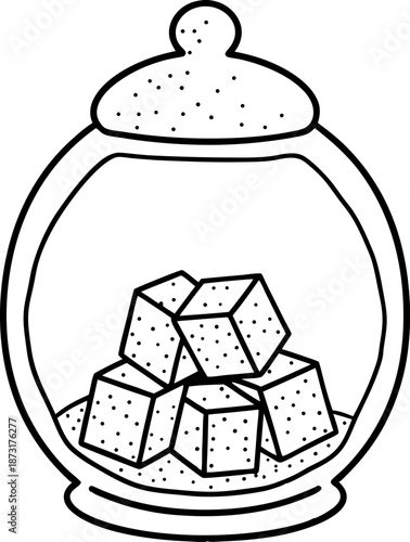 Sugar cubes in a round glass jar with a lid, simple black and white line drawing