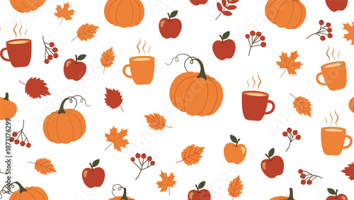 Cheerful fall season pattern with orange pumpkins, red apples, steaming coffee mugs, and various autumn leaves on white.
