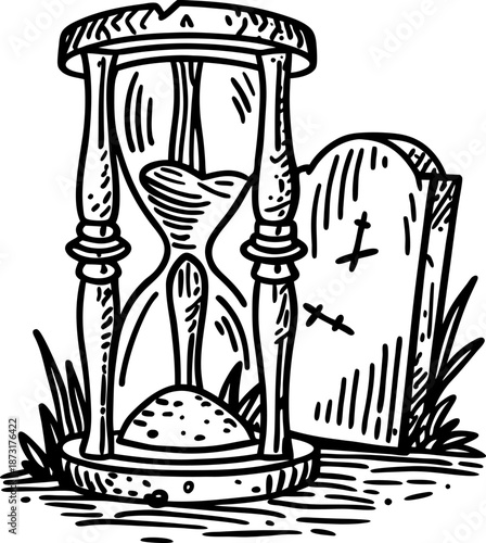 Hourglass standing next to a grave with grass, symbolizing the passage of time and mortality