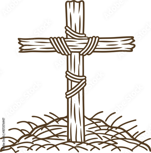 simple wooden cross tied with ropes on the ground, religious symbol of faith and devotion