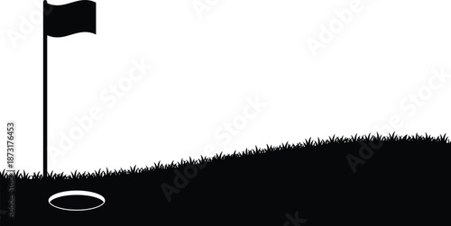 Golf course putting green silhouette, black hole flag on grass hill vector, sports landscape background element isolated on white background.
