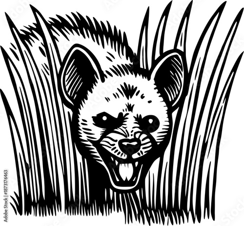 Hyena emerging from tall grass, wild animal crouching and snarling in natural habitat