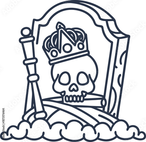 crowned skull with scepter and scythe on ornate tombstone, symbol of death and power