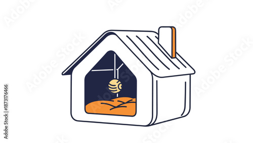 Cozy white wooden dog house featuring a warm orange bed and a hanging toy ball inside provides a comfortable shelter for small pets at home.