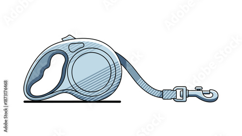 Blue retractable dog leash with a silver clip and handle is isolated on a white background for pet accessories and walking gear themes.