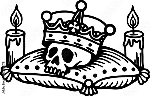 Skull with crown resting on pillow between two lit candles, gothic dark and macabre illustration