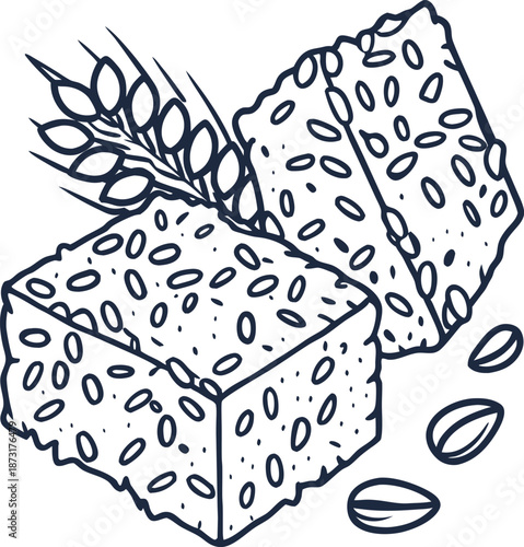 Traditional sesame seed brittle candy squares with wheat stalk and seeds illustration
