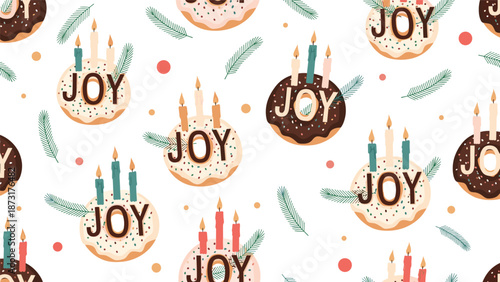 Seamless pattern featuring festive chocolate and glazed donuts decorated with Christmas pine needles, colorful candles, and the word joy for holidays.